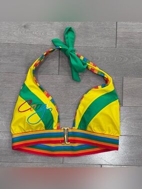 Vintage COOGI Y2K Bikini Top Rainbow Colorblock, Halter, Size Medium